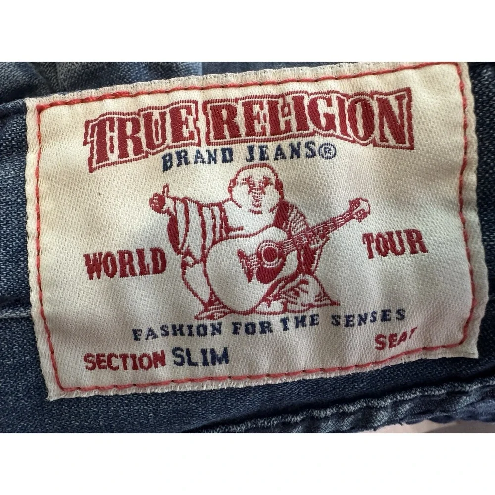True Religion Slim Section Jeans Men Blue Plaid Horseshoe Pocket True 33x28